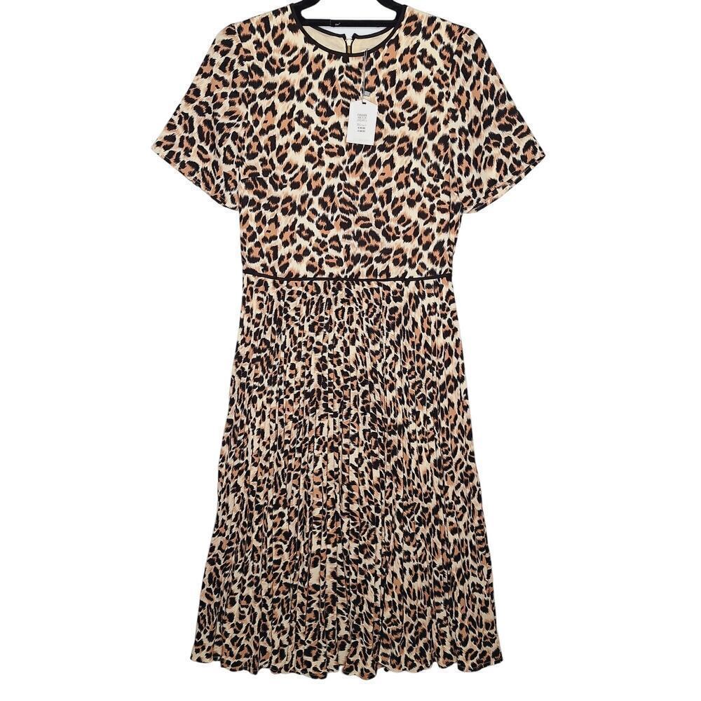 Oasis Leopard Print Pleated Midi Dress UK 10 US 6 Short Sleeve Retro A-Line